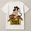 Born Loser Tiger Queen tee, vintage pin-up tiger with tattoo-flash line art